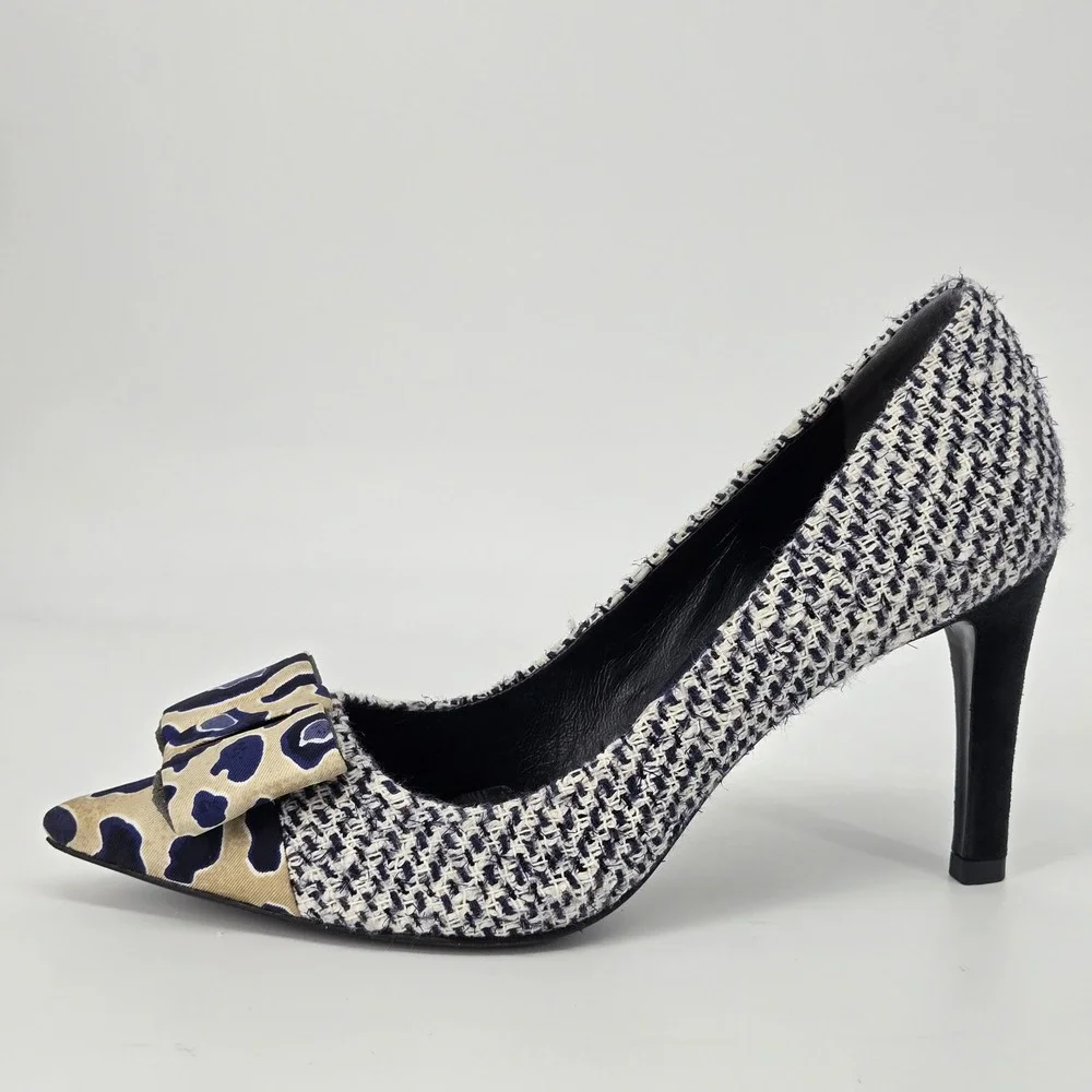 Tory Burch Cleo Tweed Leopard Silk Bow Pointed Toe Stiletto Pumps Heels 7M 3.5